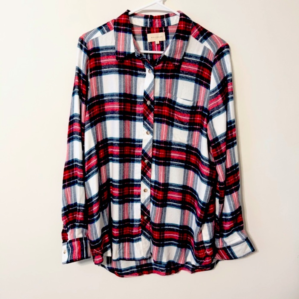 Melloday Super Soft Red White Blue Plaid Flannel Button Up Shirt Size L